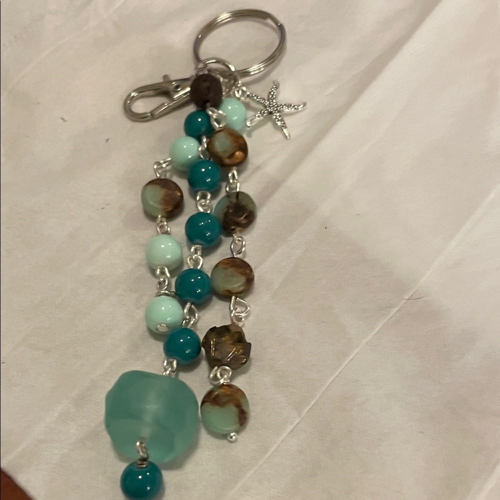 Aqua and Brown Beaded Keychain with Starfish Charm